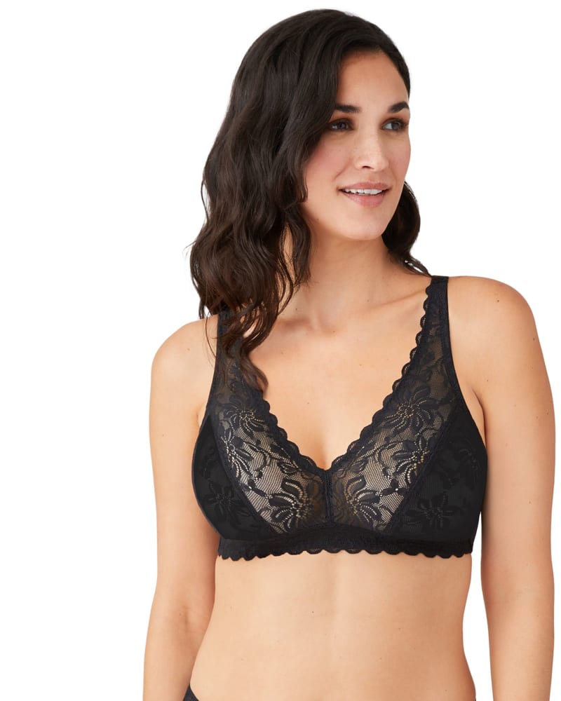 Front of a model wearing a size X Large Soft Sense Bralette in Black by Wacoal. | dia_product_style_image_id:304088